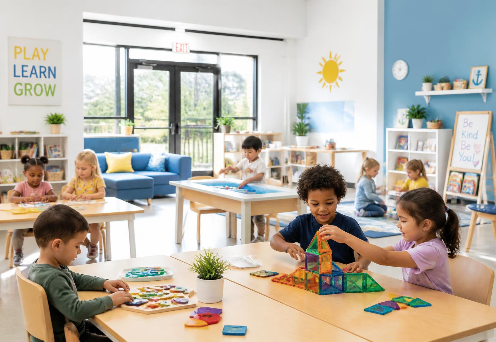 Children learning and playing together in a bright, modern daycare classroom